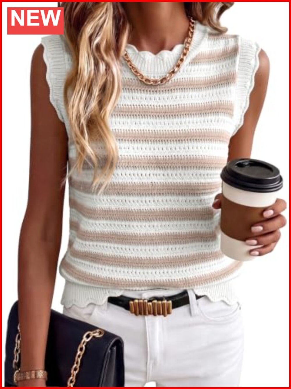 Striped Knit Sweater Vest Sleeveless Loose Fit Cropped Casual Top